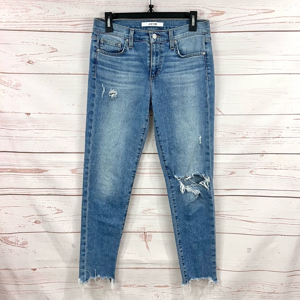 Joes Jeans Mid Rise Raw Chewed Hem Distressed Straight Skinny Ankle Jeans 28